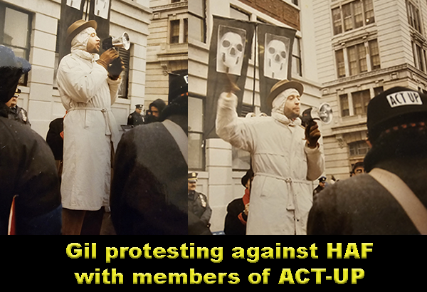 Gil with bullhorn protesting the Hispanic AIDS Forum 1989